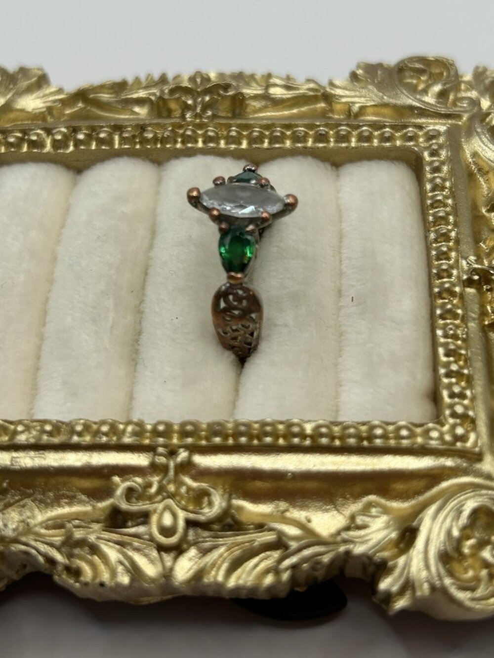 Vintage Marquise Clear & Green Stone Costume Ring Size 7 Mixed Metal As Is Craft - Picture 4 of 12